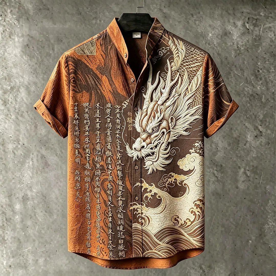 Men's Retro Japanese Art Dragon And Calligraphy Embroidered Print Short-sleeve Shirt