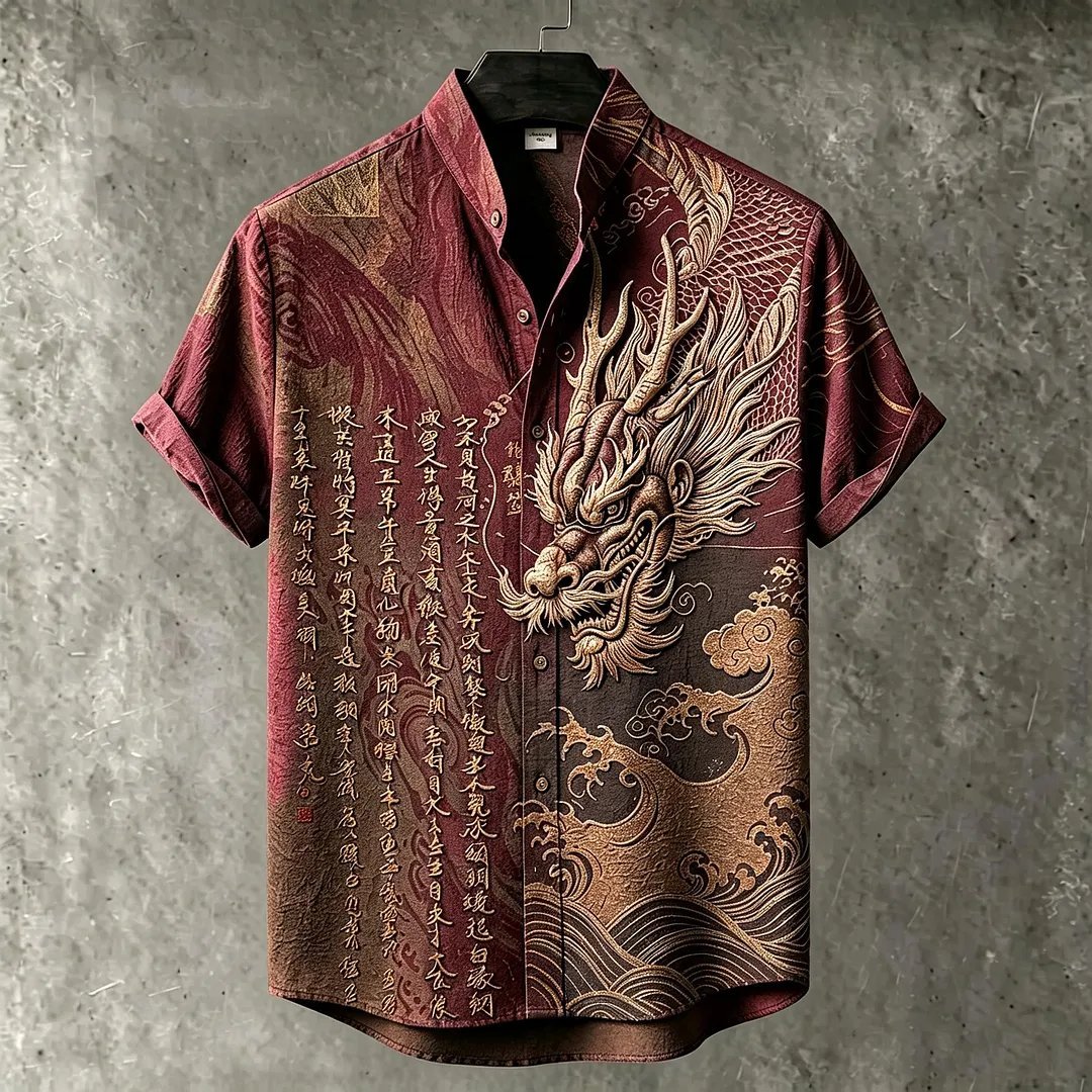 Men's Retro Japanese Art Dragon And Calligraphy Embroidered Print Short-sleeve Shirt