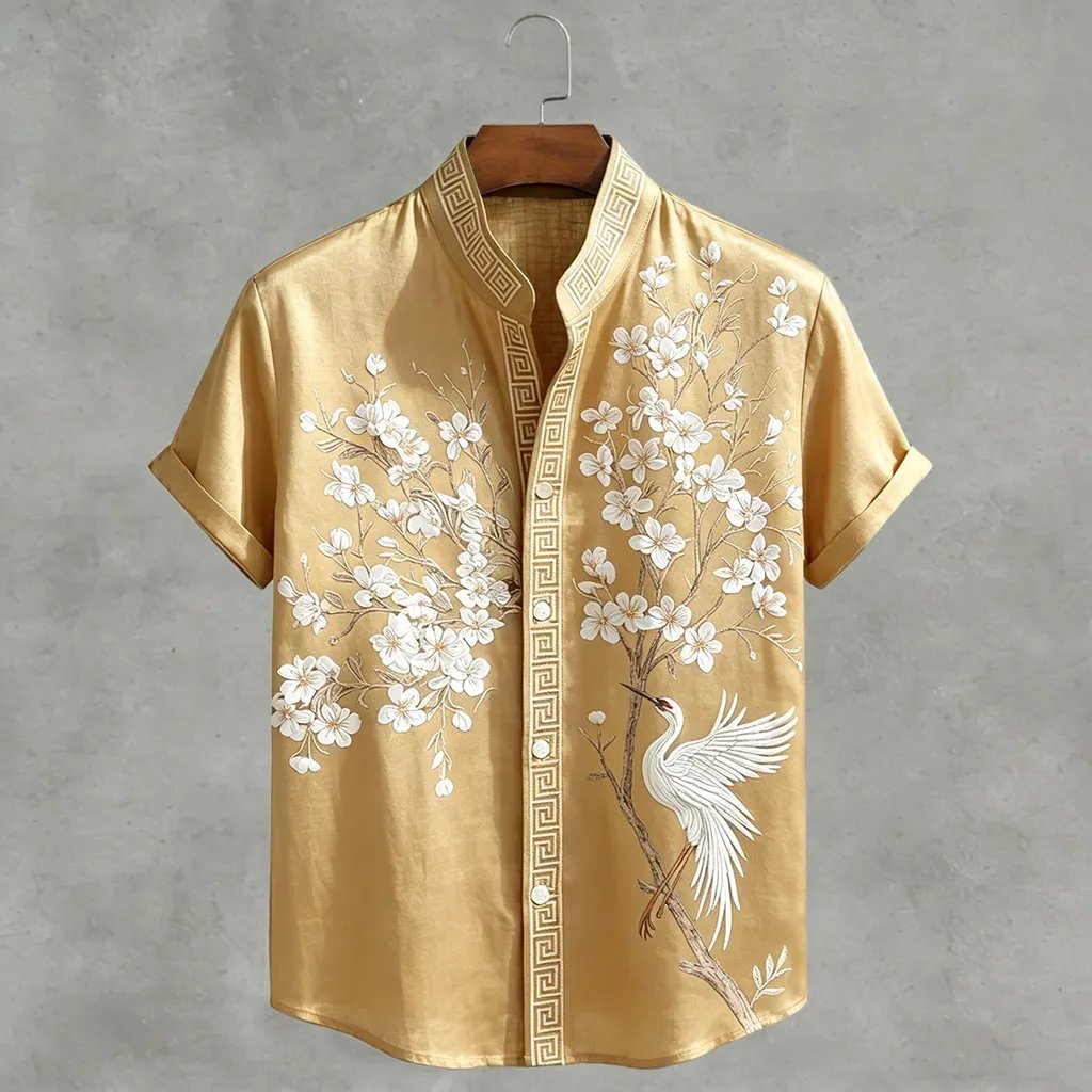 Japanese Cherry Blossom & Crane Art Linen Blend Shirt