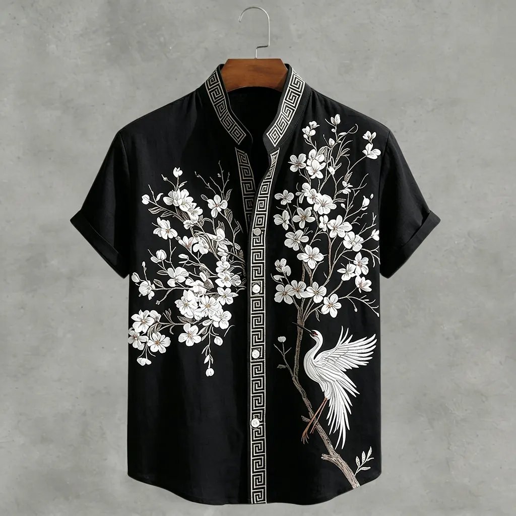 Japanese Cherry Blossom & Crane Art Linen Blend Shirt