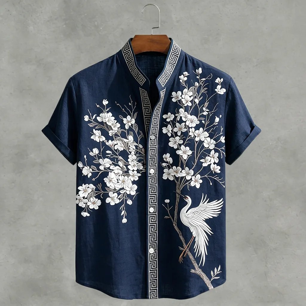 Japanese Cherry Blossom & Crane Art Linen Blend Shirt