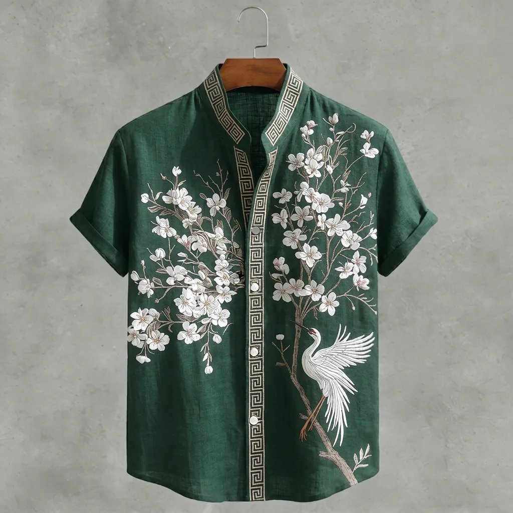 Japanese Cherry Blossom & Crane Art Linen Blend Shirt