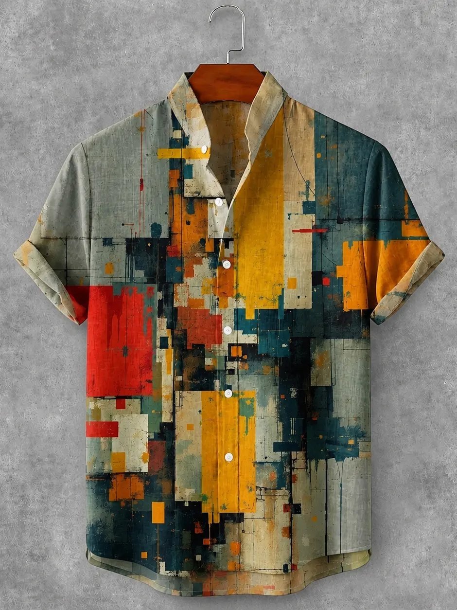 Men's Retro Abstract Geometric Art Print Casual Shirt