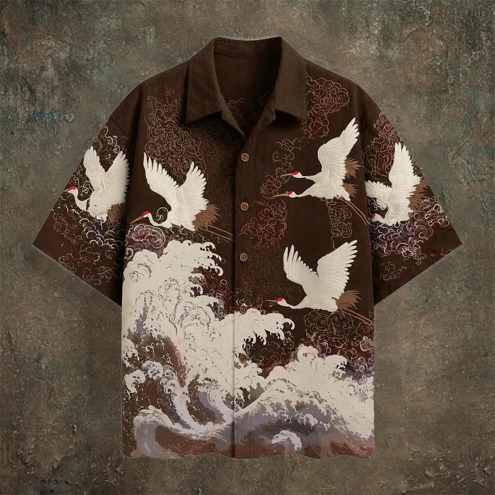 Japanese Wave & Crane Men's Casual Linen Short Sleeve Shirt
