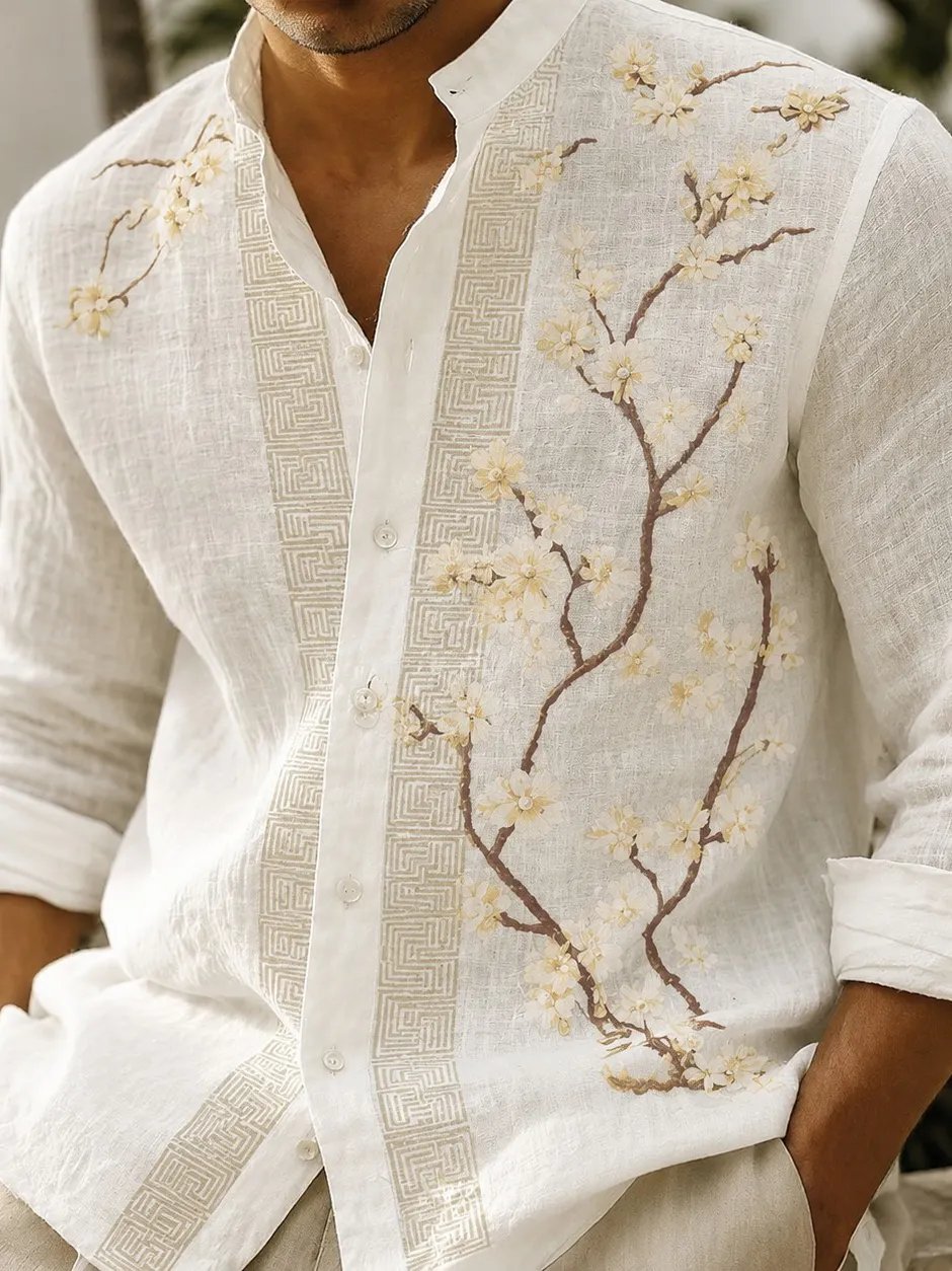 Men's Japanese Artistic Cherry Blossom Linen-blend Shirt