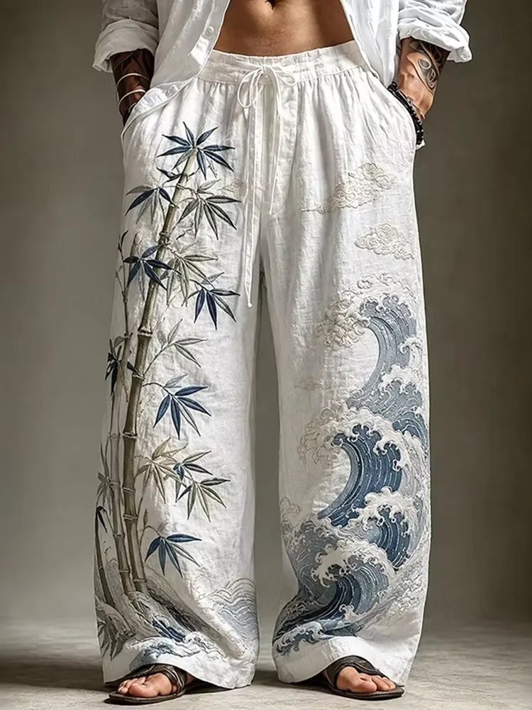 Men's Japanese Wave With Bamboo Art Casual Pants