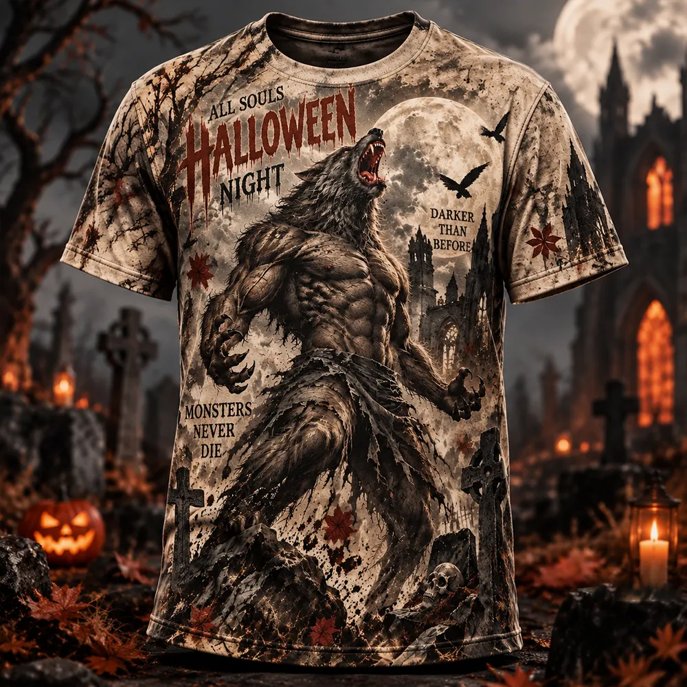 Men's Werewolf, Full Moon & Graveyard Halloween Graphic T-shirt