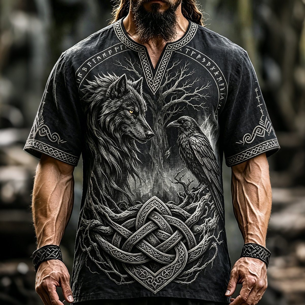 Men's Viking Wolf Raven Tree Design Short-sleeve T-shirt