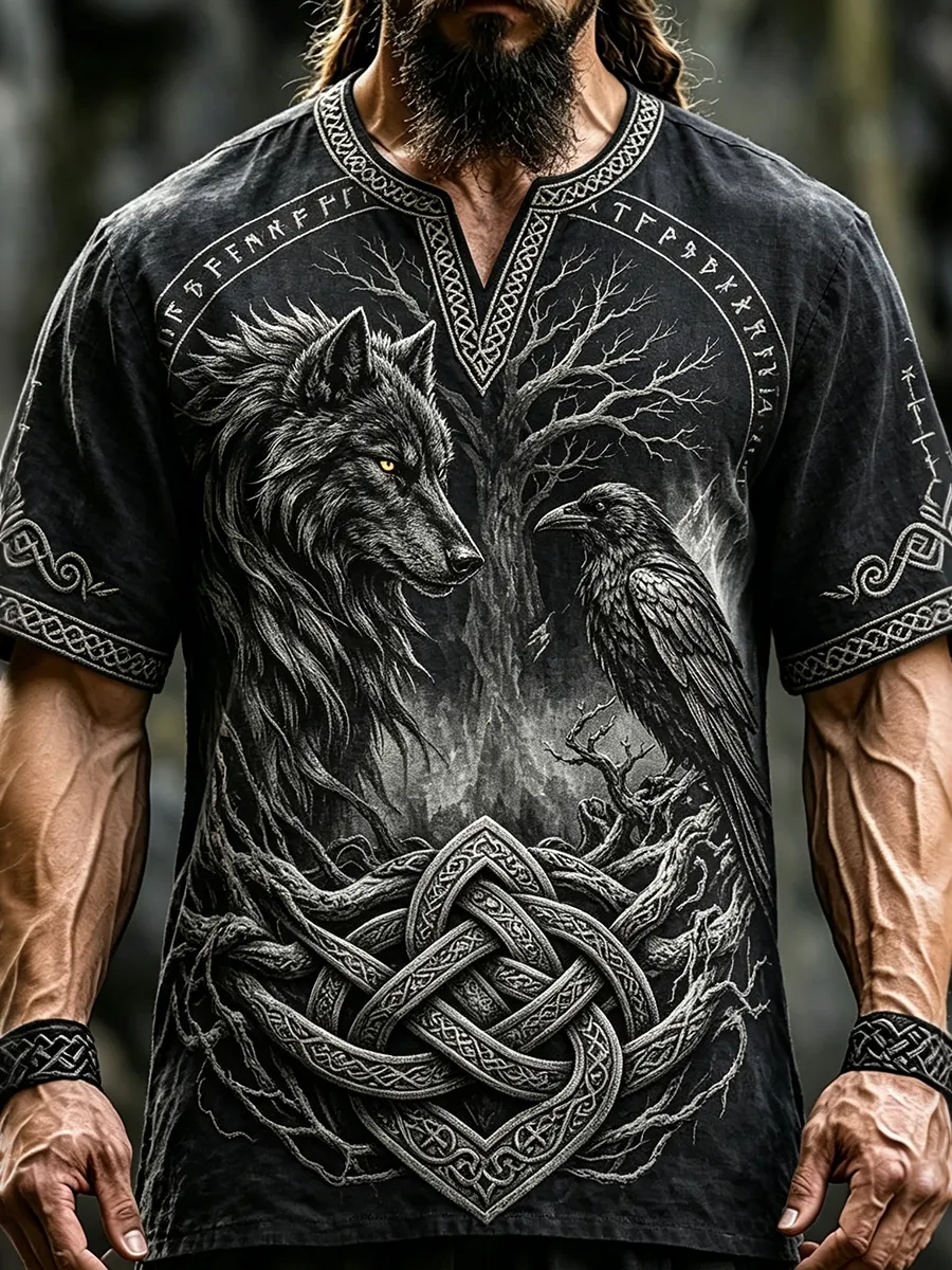 Men's Viking Wolf Raven Tree Design Short-sleeve T-shirt