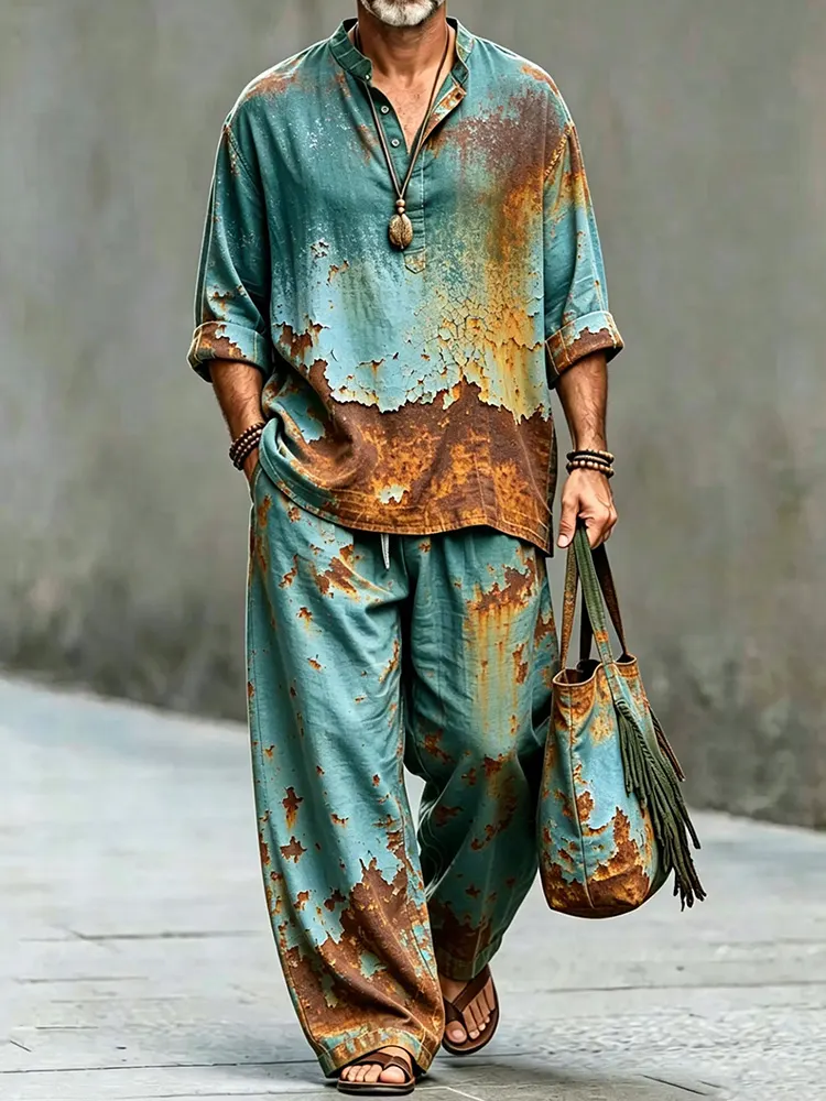 Men's Vintage Rust Art Print Shirt And Pants Two Piece Set