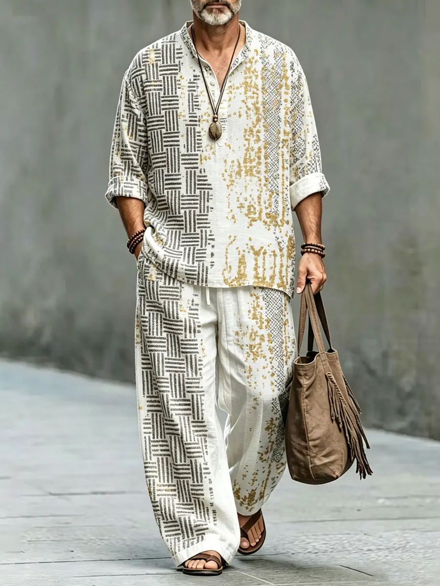 Men's Geometric Art Print Shirt And Pants Two Piece Set