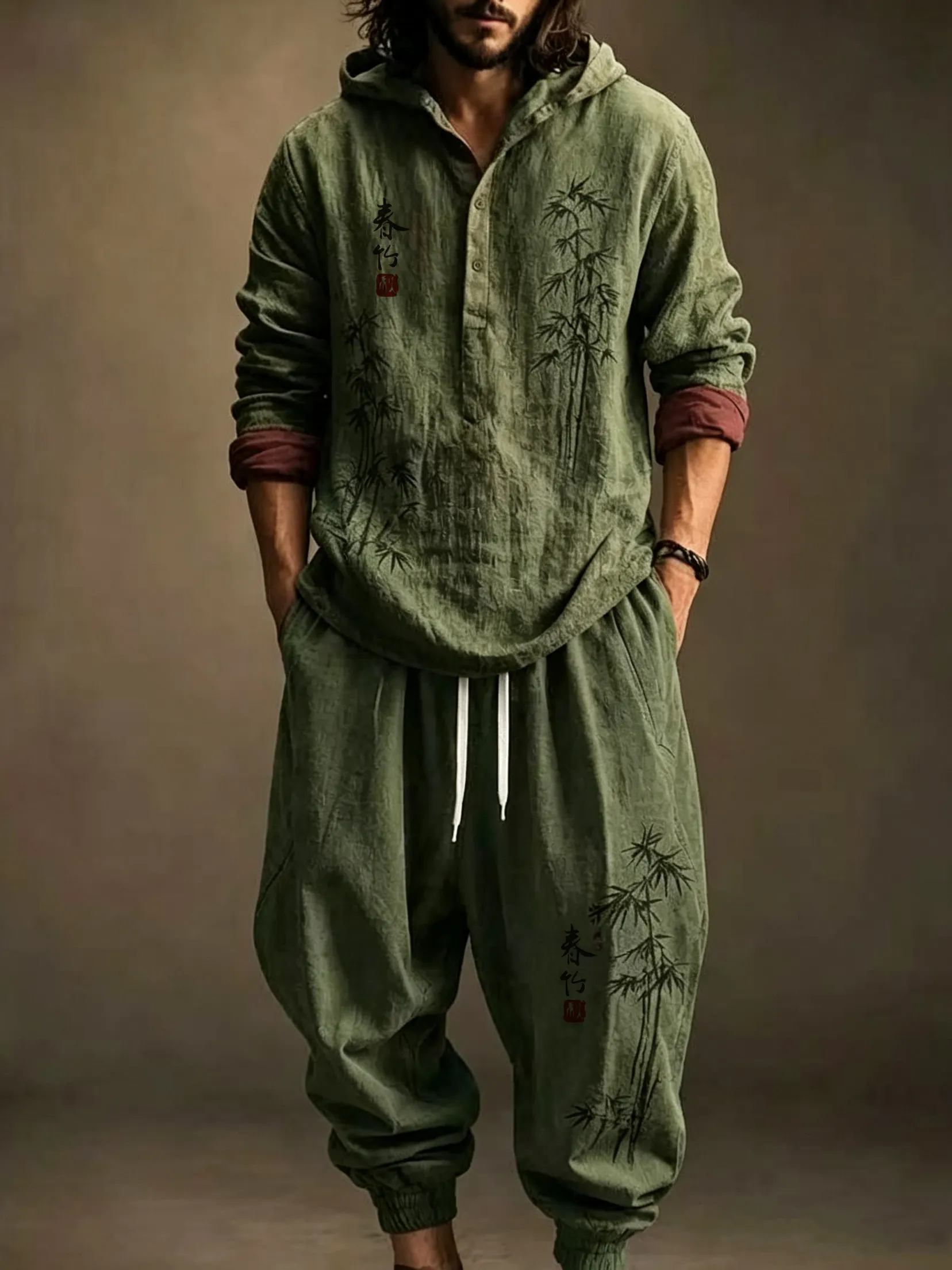 Men's Retro Japanese Art Bamboo Print Hoodie Two-piece Set